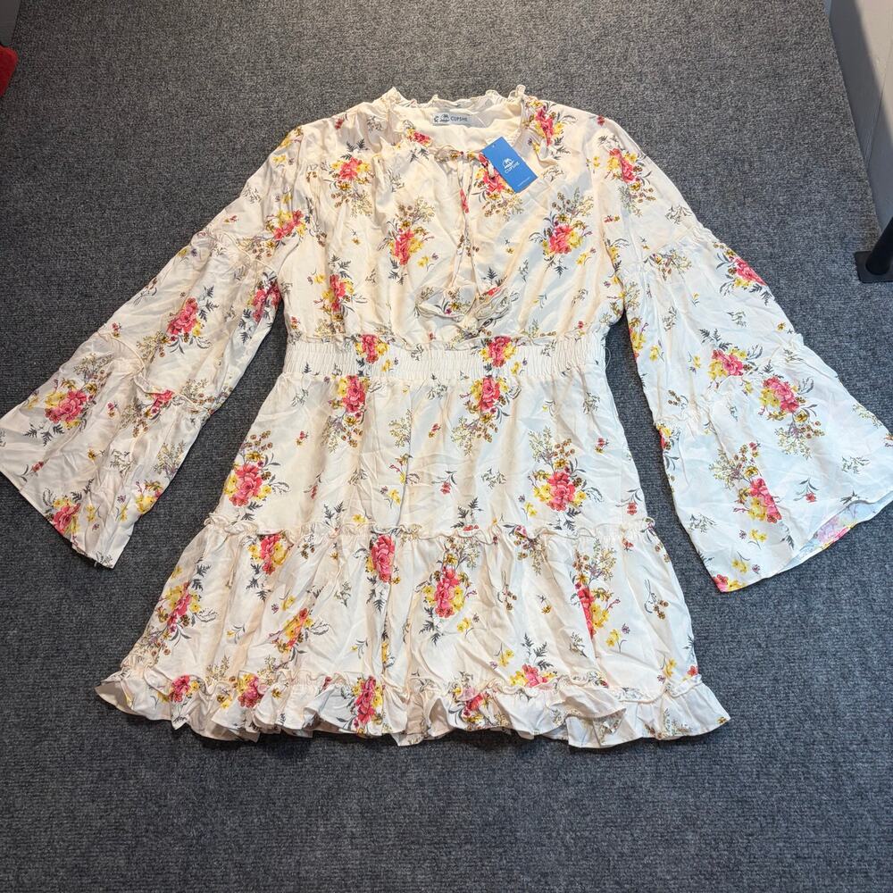 Cupshe Womens Size XL White Floral Print Ruffle Hem Long Sleeve Mini Dress NWT